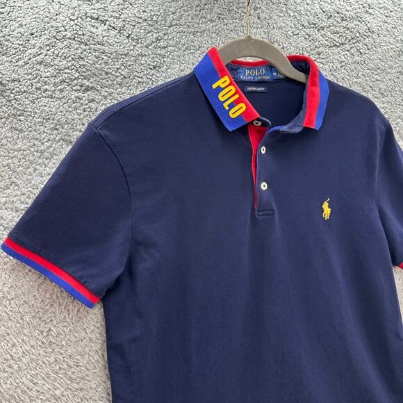 Polo Ralph Lauren Men's Medium Slim Fit Blue Polo Yellow Pony Colorful Collar 99 - Picture 4 of 9